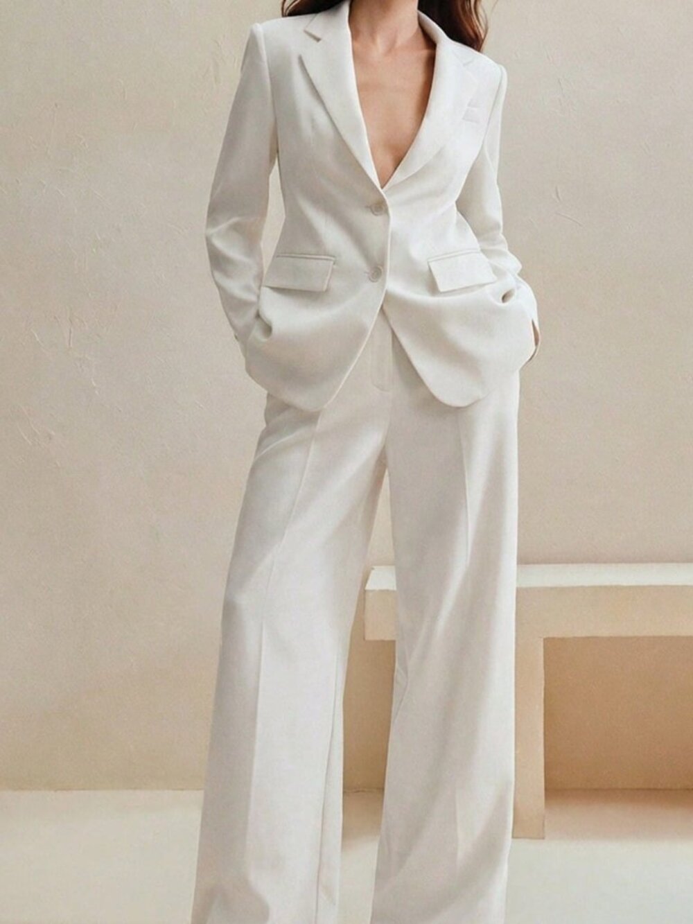 White Casual Women's Lapel Blazer Pants Set
